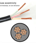 Hardcore YJV Power Cable Featuring Pure Oxygen Free Copper Conductors And Thick Bend Resistant PVC Jacket For Outdoor EV Charging And Industrial Wiring Runs 25 Foot Heavy Gauge with exposed wires and cross-section view.