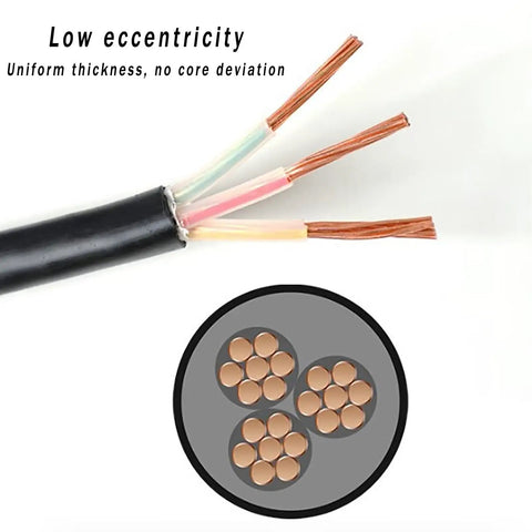Hardcore YJV Power Cable Featuring Pure Oxygen Free Copper Conductors And Thick Bend Resistant PVC Jacket For Outdoor EV Charging And Industrial Wiring Runs 25 Foot Heavy Gauge with exposed wires and cross-section view.