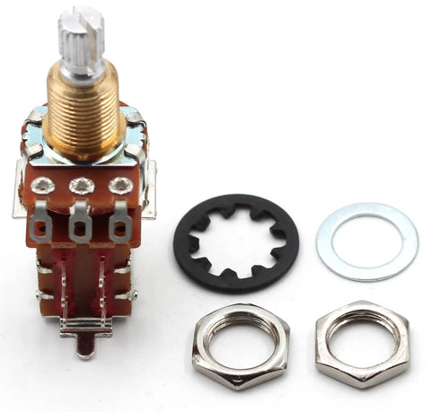 Guitar 500k push-pull potentiometer, front view, short split shaft with mounting nuts and washers.