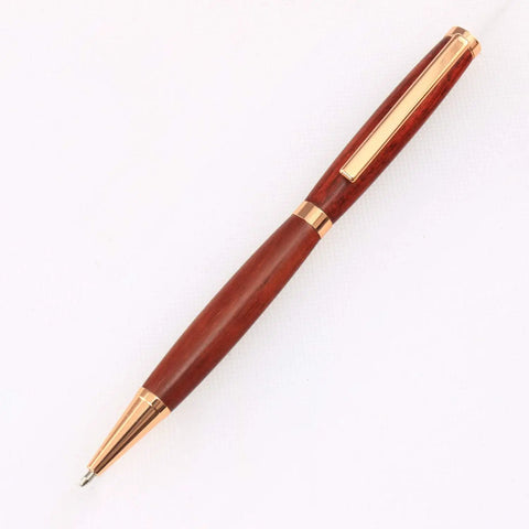 Premium Slimline Pen Turning Kit With 10 Pack Assorted Fly Metallic Finishes Including Gold Black Chrome Gun Metal And Copper Plus Cross Style Refills For Crafting Dope Custom 7mm Ballpoint Pens showing a wooden ballpoint pen with gold accents.