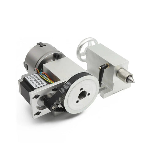 Pro Level Cnc Rotary Table Fourth Axis Rig Equipped With Nema23 Motor And Driver Plus 100Mm Four Jaw Chuck And 65Mm Mt2 Tailstock showing stepper motor and drive components.