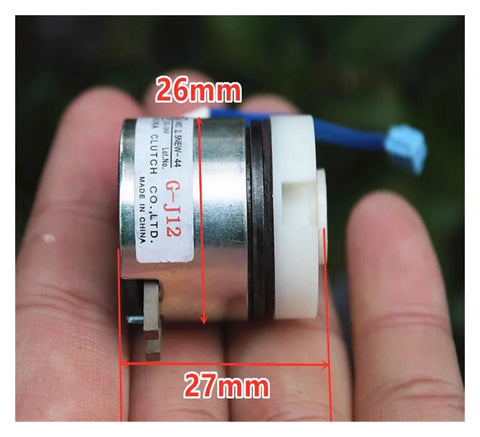 Miniature DC24V electromagnetic clutch/brake, metal body with white plastic end, blue wire leads.