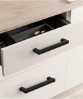 A white kitchen drawer featuring 30 Pack Black Square Bar Cabinet Pulls Stainless Steel Modern Hardware For Kitchen And Bathroom Cabinets Center To Center Six And A Quarter Inch Hollow Lightweight Durable Cupboard Handles.