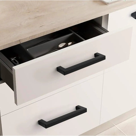 A white kitchen drawer featuring 30 Pack Black Square Bar Cabinet Pulls Stainless Steel Modern Hardware For Kitchen And Bathroom Cabinets Center To Center Six And A Quarter Inch Hollow Lightweight Durable Cupboard Handles.