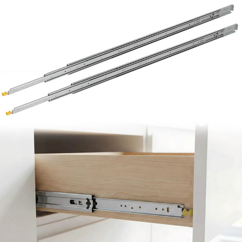 Heavy Duty Ball Bearing Drawer Slides with Hella Sturdy 500 Pound Capacity 76 Inch Side Mount Cabinet Runners installed in drawer.