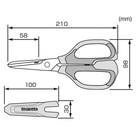 PH 57 8.3 Inch Heavy Duty Combination Scissors Workhorse With Two In One Blades Anti Slip Serrations And U Shaped Tip 210mm Stainless Steel Body For Cutting Cabtire Cable Coaxial Cable Rope Leather And More, dimension diagram