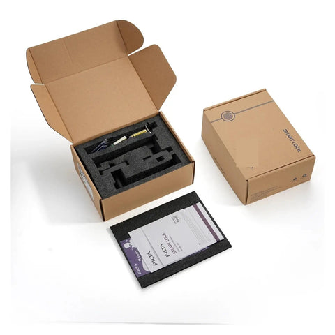 Breezy Setup Smart Keyless Entry Door Lock Slam Down Secure Fingerprint Scanner inside packaging box with manual.