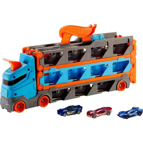 Speedway Hauler Storage Carrier With Three 1 To 64 Scale Cars And Convertible Six Foot Drag Race Track For Kids Four To Eight Stores 20 Plus Cars And Connects To Other Playsets For Epic Racing Action.