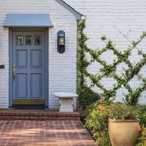 Blue front door with brick steps and ivy on white brick wall