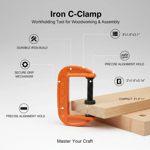 Heavy Duty Iron G Clamp With Massive 3 Inch Jaw, perfect for woodworking assembly and projects to hold materials securely.