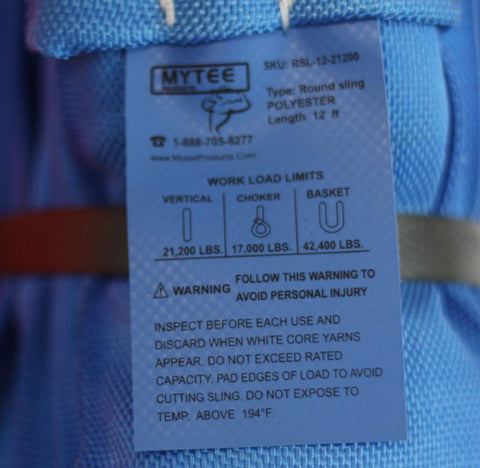 Label on 12 Piece Polyester Endless Round Sling Kit For Lifting Rigging Hoist Towing And Wrecker Recovery Heavy Duty