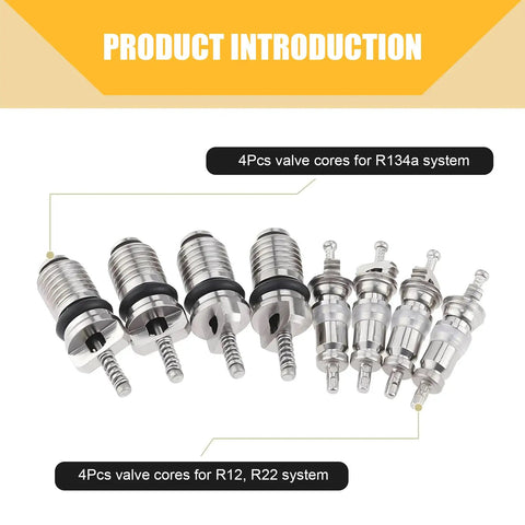 16 Piece Air Conditioning Valve Core Kit With Schrader Cores, Remover Tool, showing R134a and R12 cores arrangement