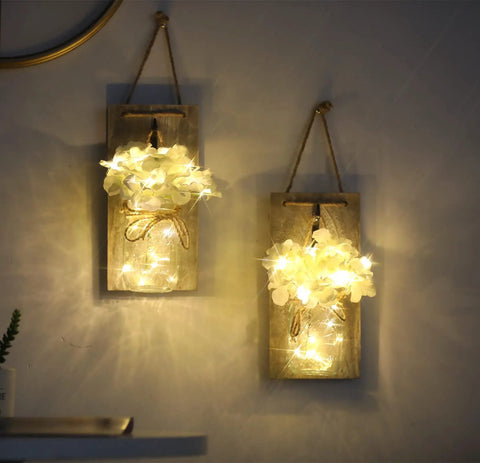 Rustic Mason Jar Wall Lights With Remote, Battery Powered Sconce Set Of 2, Hanging LED Fairy Lights, wood backing, mounted on wall