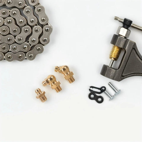 Premium Grease Fitting Assortment Kit With 9 Pieces For Cars And Heavy Machinery Copper Built Universal Compatibility Easy Install Threaded Caps For Hydraulic Maintenance And Lube Points, 9-piece copper fittings and chain tool