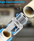 Close-up of Dual Function PVC Pipe Threader Kit for One Half Three Quarters and One Inch Pipes showing internal threading tool in action