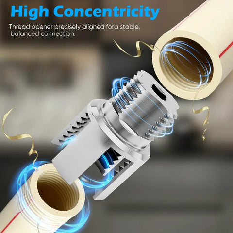 Close-up of Dual Function PVC Pipe Threader Kit for One Half Three Quarters and One Inch Pipes showing internal threading tool in action