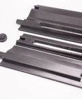 Zero Clearance Throat Plate Insert For Evolution Rage 5S R255PTS Table Saw With Easy Drop In Install And Captive Screw For Clean Splinter Free Cuts And Cleaner Precise No Fuss Durable Results, detailed view showing black plastic insert and screws.