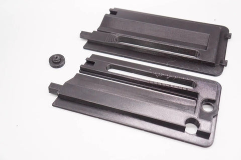 Zero Clearance Throat Plate Insert For Evolution Rage 5S R255PTS Table Saw With Easy Drop In Install And Captive Screw For Clean Splinter Free Cuts And Cleaner Precise No Fuss Durable Results, detailed view showing black plastic insert and screws.