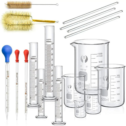 Must Have Pro Lab Glassware Kit With Thick Glass Beakers And Graduated Cylinders Pipettes Stirring Rods And Brushes