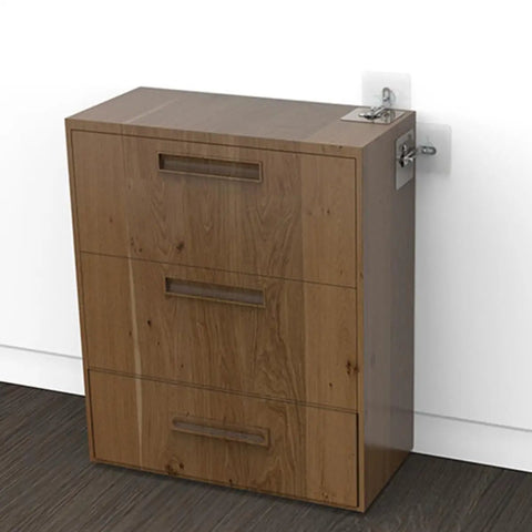 Anti Tip Furniture Wall Anchors 4 Pack Heavy Duty Stainless Steel And Acrylic Easy Install Keeps Bookcases Shelves Dressers Stay Put And Upright Prevent Tipping For Home Use installed on wood dresser against wall