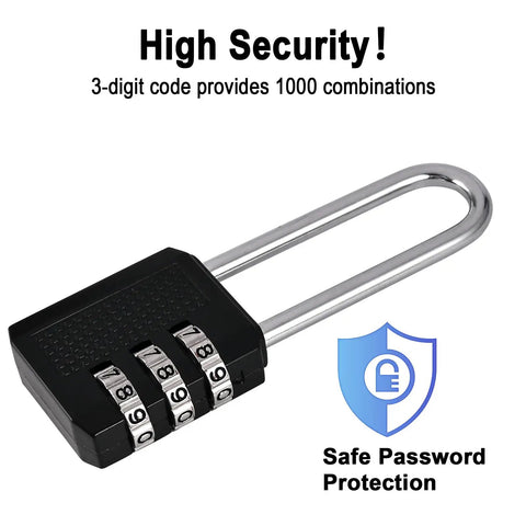 4 Pack 2.2 Inch Small Combination Locks With 3 Digit Resettable Codes Heavy Duty Locker Padlocks For Gym Luggage Suitcase And Gate Zinc Alloy Body With Hardened Steel Shackle Black, featuring a close-up of a single padlock with a 3-digit code display and a long steel shackle, designed for high security and password protection.