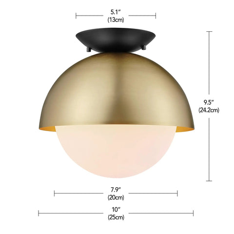 Loft Style Matte Brass Flush Mount Light With Black Canopy And Frosted Glass Shade For Kitchen Island, Dining Room Or Bedroom