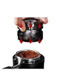 Get The Most Out Of Your Home Machine With This Slick Dual Bearing Espresso Distributor Compatible With Breville Barista And IKAPE Portafilters In 51 54 58 Mm Sizes in use above coffee grounds.