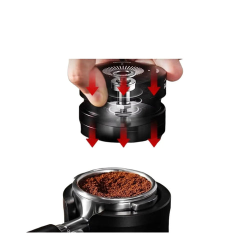 Get The Most Out Of Your Home Machine With This Slick Dual Bearing Espresso Distributor Compatible With Breville Barista And IKAPE Portafilters In 51 54 58 Mm Sizes in use above coffee grounds.