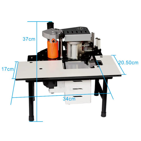 Portable Wood Edge Banding Machine With PVC Glue Pot Double Sided Gluing 1200W Manual Feed dimensions shown on table