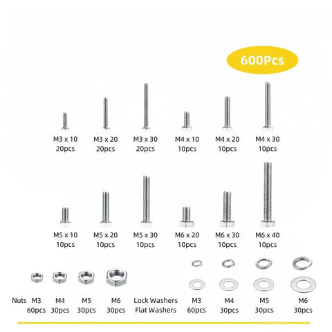 600 Piece Beefy Hex Head Cap Screws Set M3 M4 M5 M6 In 304 Stainless Steel With Nuts And Washers For DIY Projects And Auto Repairs Heavy Duty Durable Precision Thread Bolts layout with assorted sizes