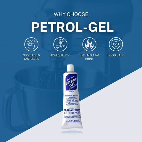 Tube of Petrol-Gel lubricant in front of a mixer with icons highlighting odorless, tasteless, high quality, high melting point, food safe.