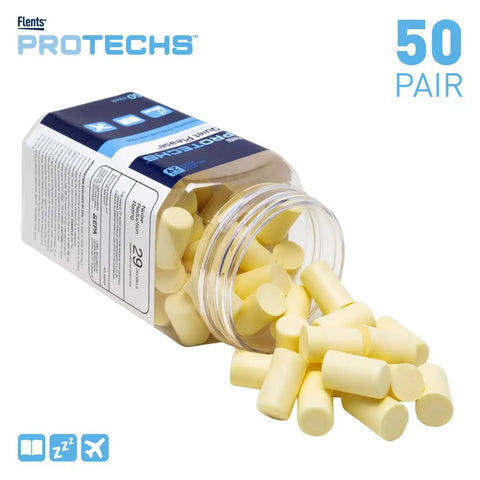 Ultimate Foam Ear Plugs For Sleep And Travel, 50 Pairs, NRR 29, open jar with beige foam plugs spilling out