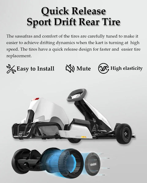 Two Pack 10x2.75 Quick Release Tires For Ninebot Gokart Pro S MAX And Gokart Kit Replacement Rear Electric Go Kart Tires Upgrade With Epic Grip TPE Material Explosion Proof And Pressure Resistant shown with cart