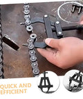 Heavy Duty Motorcycle Chain Tensioner Tool For Quick Adjustments And Snug Fits, shown adjusting a chain on a work surface.