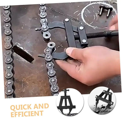 Heavy Duty Motorcycle Chain Tensioner Tool For Quick Adjustments And Snug Fits, shown adjusting a chain on a work surface.