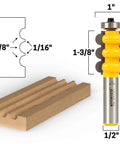 Pro Grade Molding And Trim Router Bit Set For Furniture With One And Three Eighths Inch Triple Bead And Triple Flute Moldings One Half Inch Shank For Table Mount Router Induction Brazed Tungsten Carbide Blades with wood sample and profile diagram