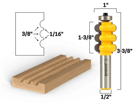Pro Grade Molding And Trim Router Bit Set For Furniture With One And Three Eighths Inch Triple Bead And Triple Flute Moldings One Half Inch Shank For Table Mount Router Induction Brazed Tungsten Carbide Blades with wood sample and profile diagram