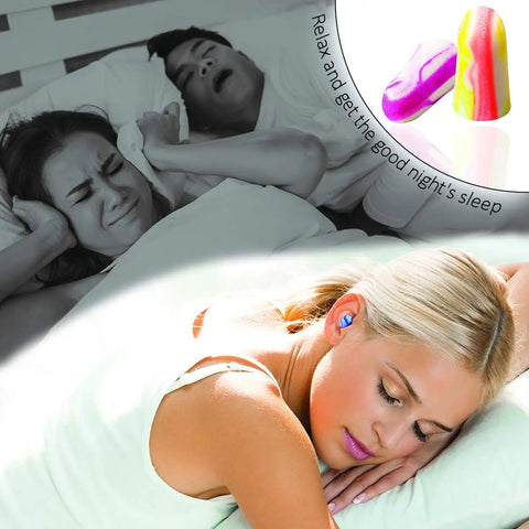 Woman sleeping peacefully using Ultra Comfy Soft Foam Earplugs For Sleeping Snoring Travel Work And Shooting With 33 dB NRR Made In USA Multicolor Pack Of 50 Pairs For Quiet Sleep And Daytime Noise Reduction