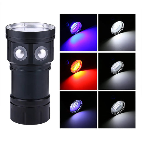 Beast Mode Dive Light 18000 Lumen Diving Flashlight Waterproof IPX8 shown with LED beam color variations for scuba diving