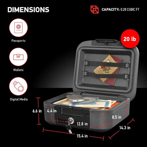 Charcoal Gray Fireproof And Waterproof Safe Box With Key Lock For Money And Passport Stash Portable Travel Chest open showing contents
