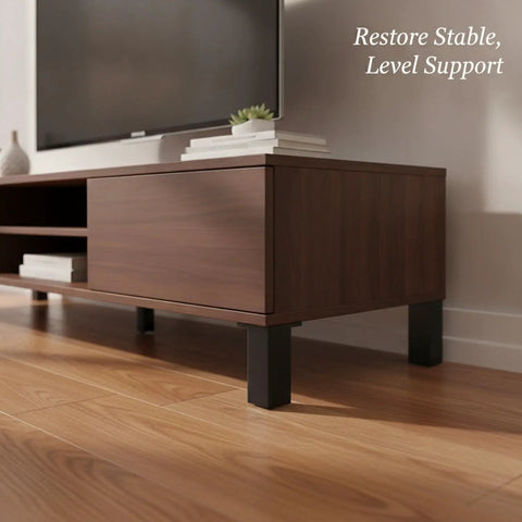 Stainless Steel Adjustable Furniture Leg With Wide Base For Sofa And Cabinet Heavy Duty Height Adjustable From 3.9 To 5.5 Inches Replacement Support To Stop Wobble And Make Cleaning Easier Under Furniture on a wooden floor under a cabinet
