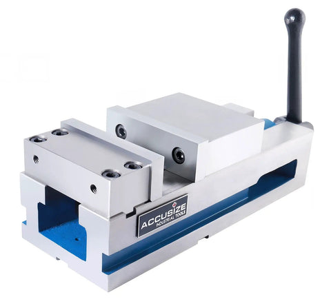 4 Inch Super Lock Precision CNC Machine Vise With Thrust Bearing For Rock Solid Clamping Power Built For Milling 4 Inch Jaw Width 1.259 Inch Jaw Height 45 Steel Jaws Ductile Iron Body Heavy Duty CNC Workholding on machine table