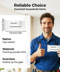 Man holding packet of sealant showing size and material details with text: 'Reliable Choice, Essential household items'.