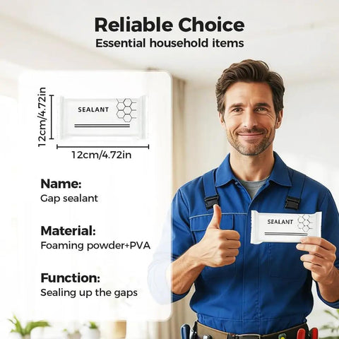 Man holding packet of sealant showing size and material details with text: 'Reliable Choice, Essential household items'.