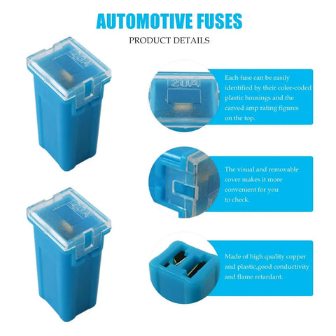 New 2026 Vehicle Fuse Assortment Kit, 30 Piece Set showing blue 20A fuse design with clear top and metal connectors for auto protection.