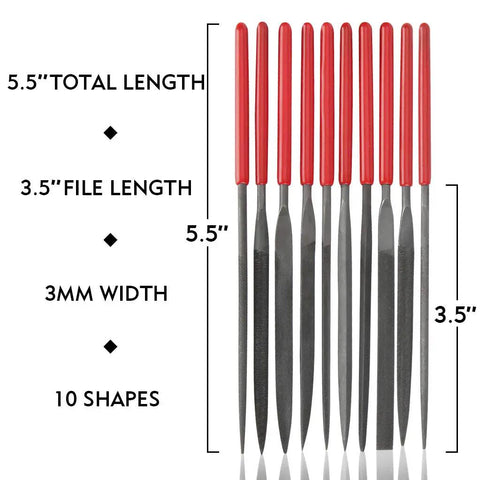 Ten Piece Needle File Set With Pro Grade Hardened Alloy Steel Mini Files Including Tapered Round Half Round Barrette Crossing Knife Warding Square Three Square Five And A Half Inch Length Dipped Handles And Dust Free PVC Pouch For Easy Metal Shaping, showing 10 files with red handles and size dimensions