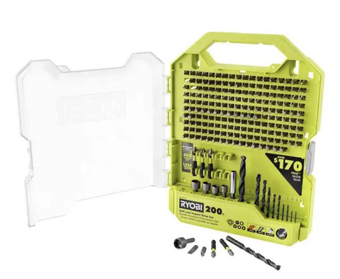 Ryobi 200-piece drill and impact drive set in lime-green case with assorted bits