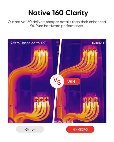 Comparison of thermal imaging clarity between two resolutions, 96x96 and 160x120, highlighting sharper details with native 160 clarity.