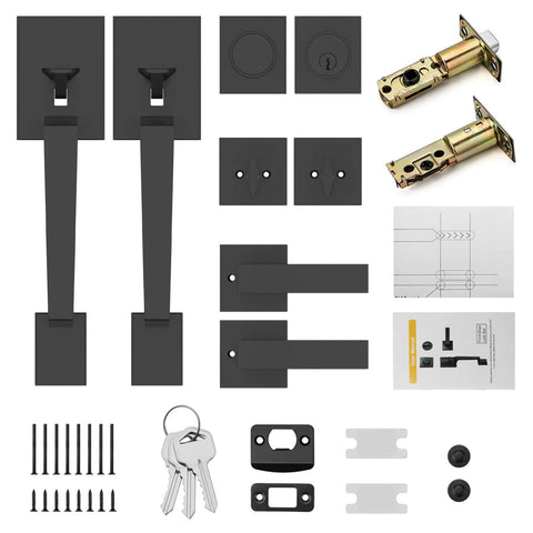 Matte Black Double Door Handle Set With Heavy Duty Zinc Alloy Construction, Reversible Handles, Lock Set, and Accessories