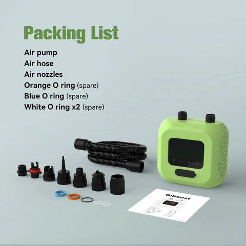 Packing list of Electric SUP Pump With Battery For Paddle Boards, Dual Stage Inflation, Auto Shut Off, 20 PSI High Pressure